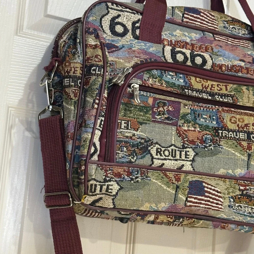 American Uni Route 66 Tapestry Messenger Bag Americana Travel Crossbody Burgundy